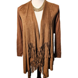 INC Womens Sz XS Brown Western Faux Suede Fringe Open Cardigan Bohemian Fringe
